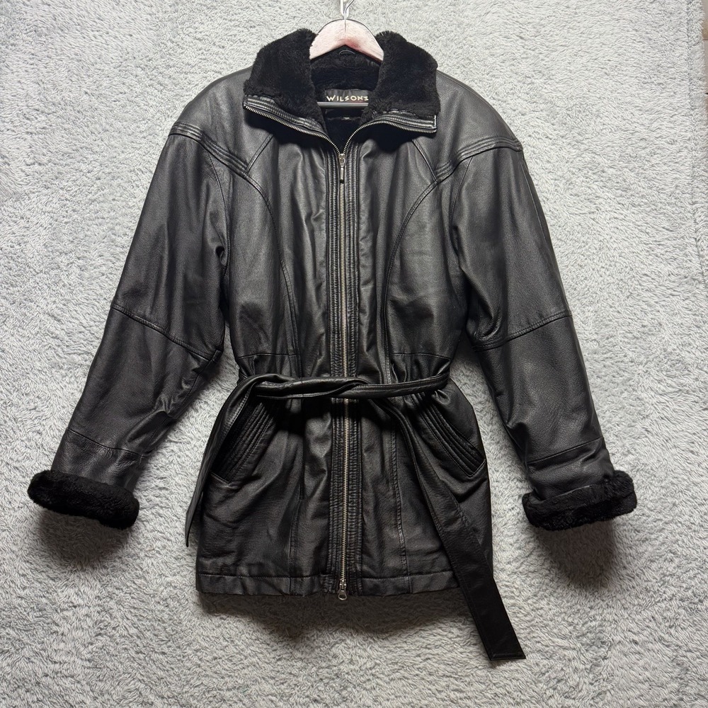 Vintage Wilsons Leather Jacket Medium Black Sherpa Trim Belted Zip 90s Y2K Retro